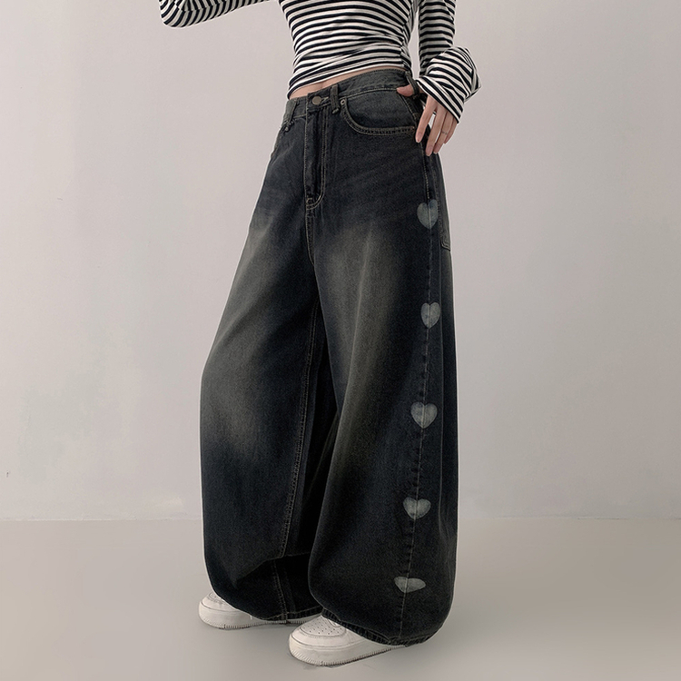 ハートプリンティングワイドデニムパンツ BLACK DENIM