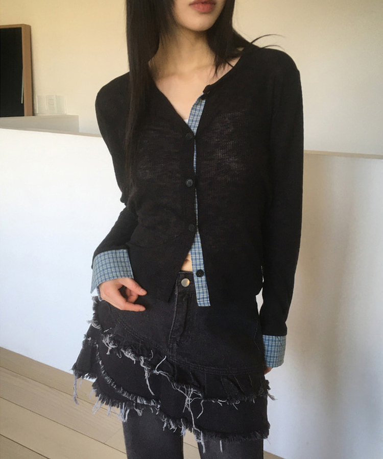 チェックバイカラースラブカーディガン BLACK