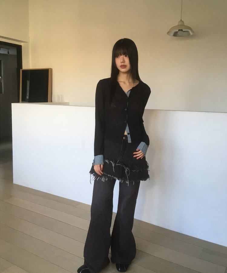 チェックバイカラースラブカーディガン BLACK