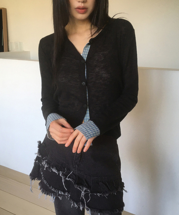 チェックバイカラースラブカーディガン BLACK