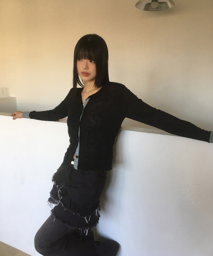 チェックバイカラースラブカーディガン BLACK