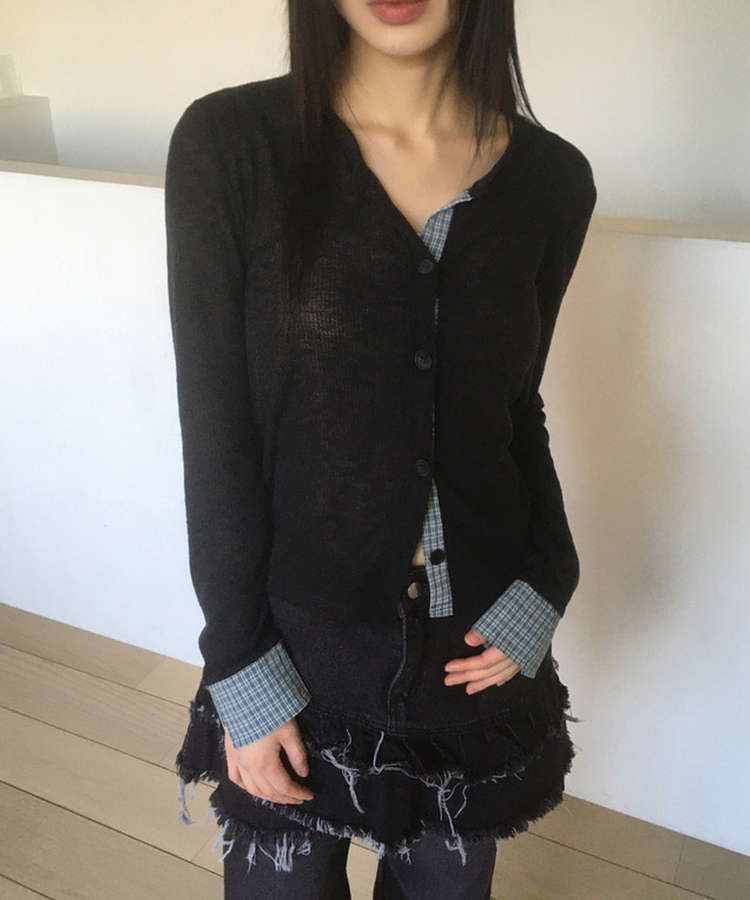 チェックバイカラースラブカーディガン BLACK