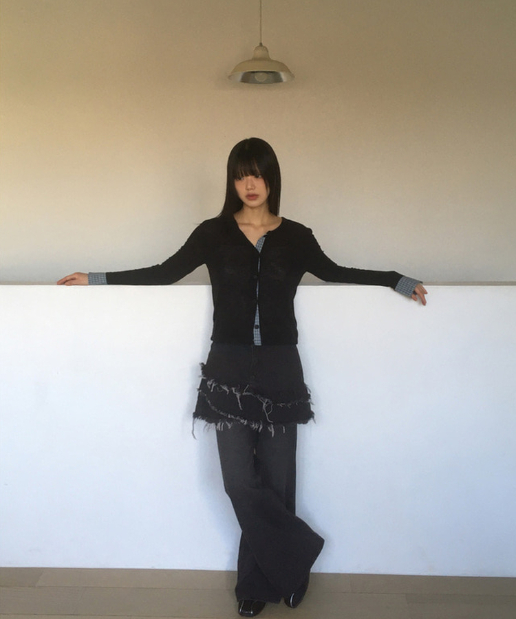 チェックバイカラースラブカーディガン BLACK