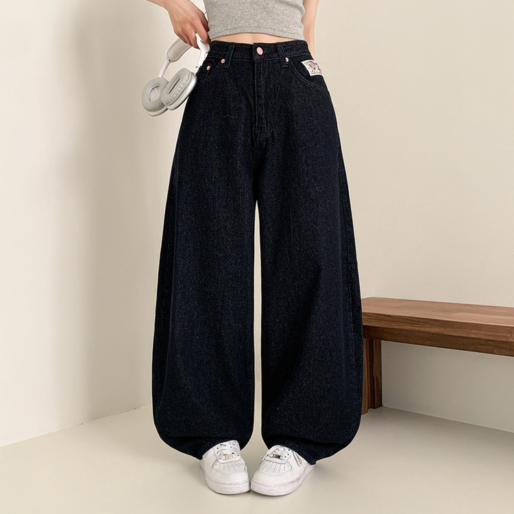 刺繍ポケットワイドロングバルーンデニムパンツ DARK DENIM