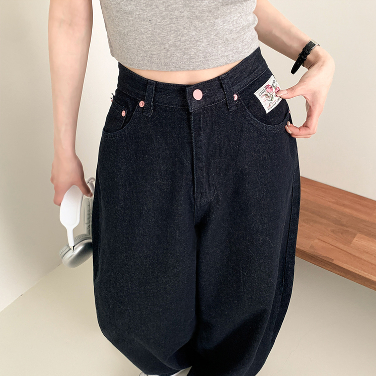 刺繍ポケットワイドロングバルーンデニムパンツ DARK DENIM