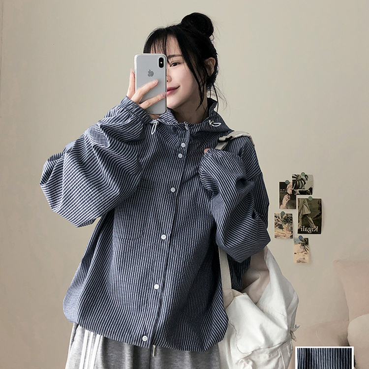 ストライプハイネックフードジャケット NAVY
