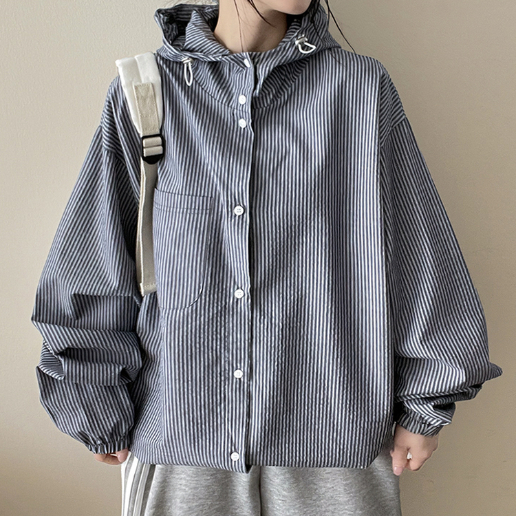 ストライプハイネックフードジャケット NAVY