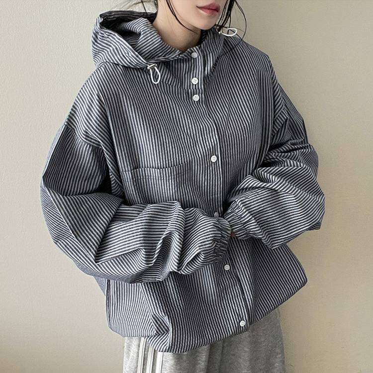 ストライプハイネックフードジャケット NAVY