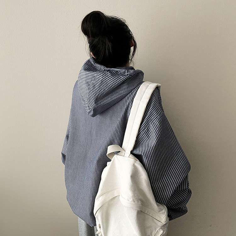 ストライプハイネックフードジャケット NAVY