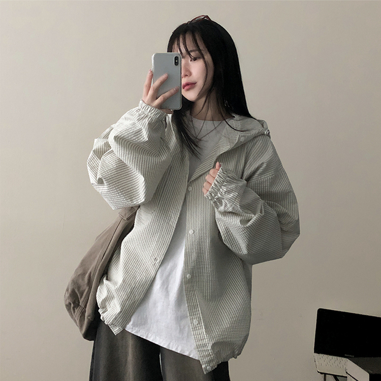 ストライプハイネックフードジャケット IVORY