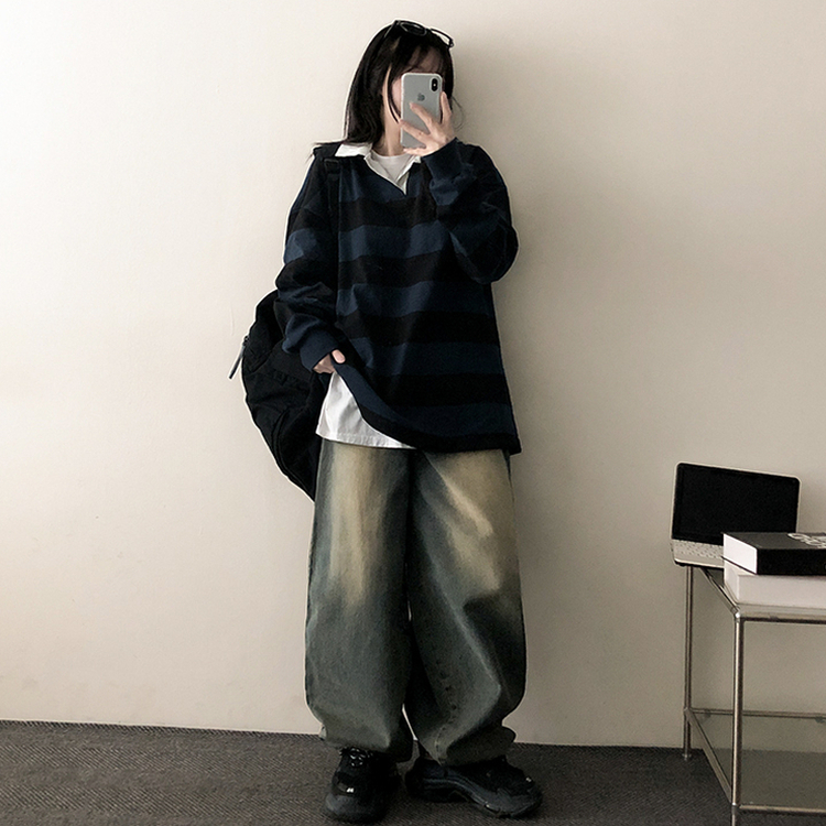 ストライプカラートレーナー(6color) BLACK+BLUE