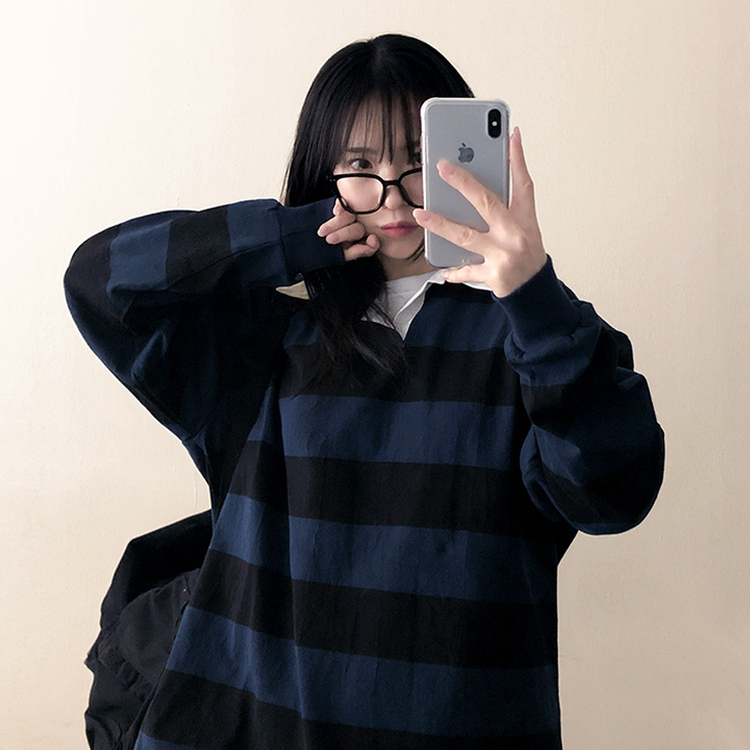 ストライプカラートレーナー(6color) BLACK+BLUE