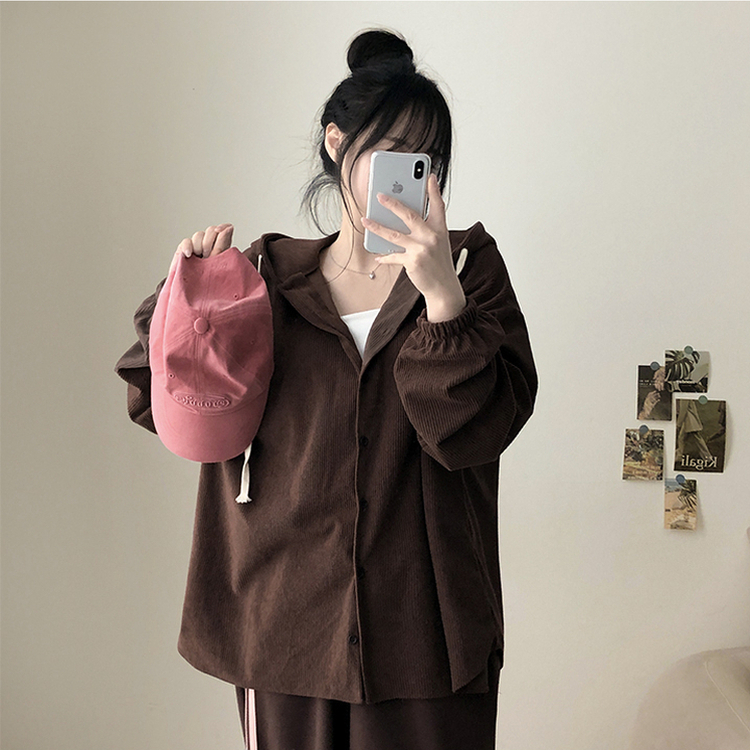 コーデュロイフードシャツ BROWN