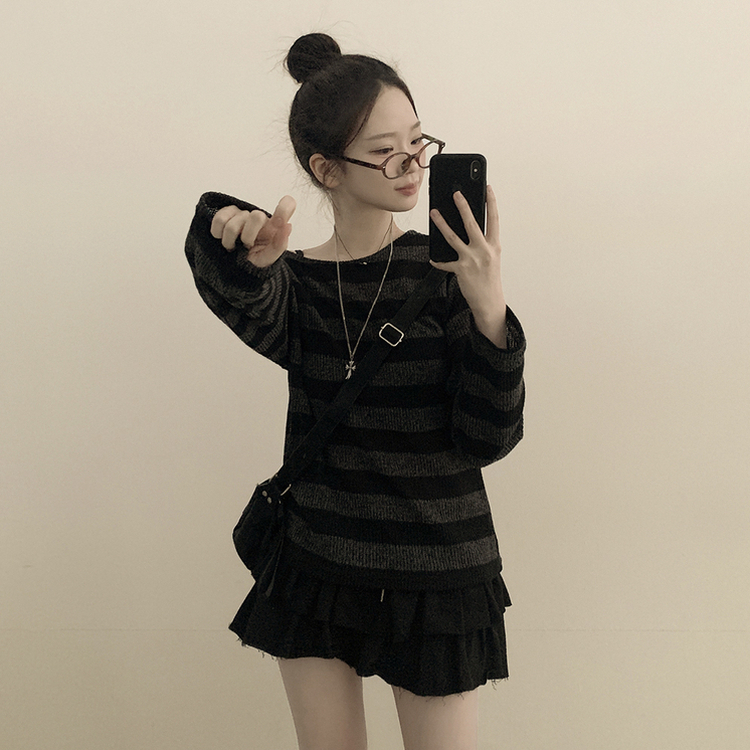シースルーストライプワンオフショルダーニット BLACK