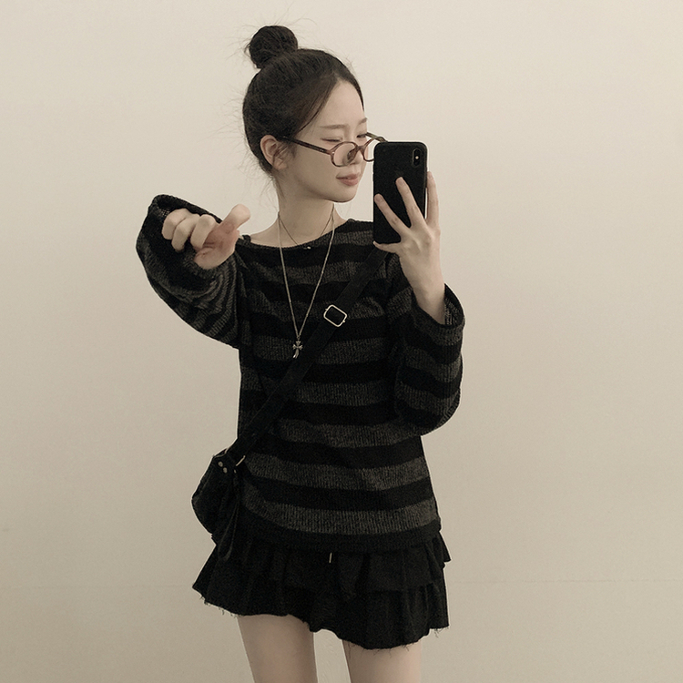シースルーストライプワンオフショルダーニット BLACK
