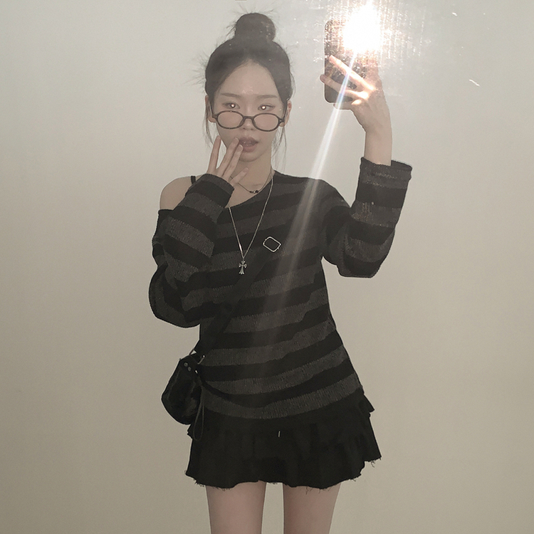 シースルーストライプワンオフショルダーニット BLACK