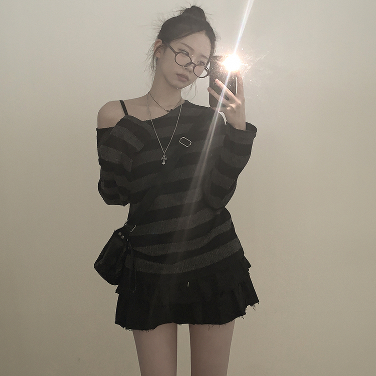 シースルーストライプワンオフショルダーニット BLACK