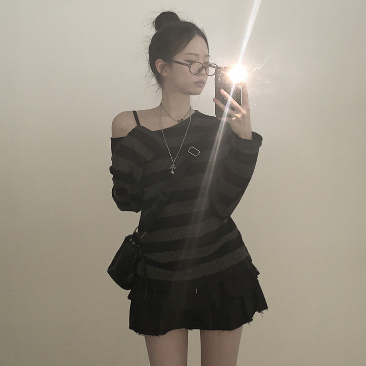 シースルーストライプワンオフショルダーニット BLACK
