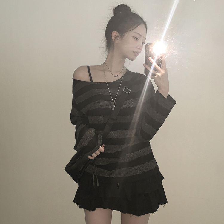 シースルーストライプワンオフショルダーニット BLACK