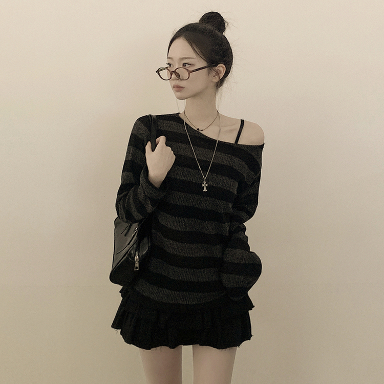 シースルーストライプワンオフショルダーニット BLACK