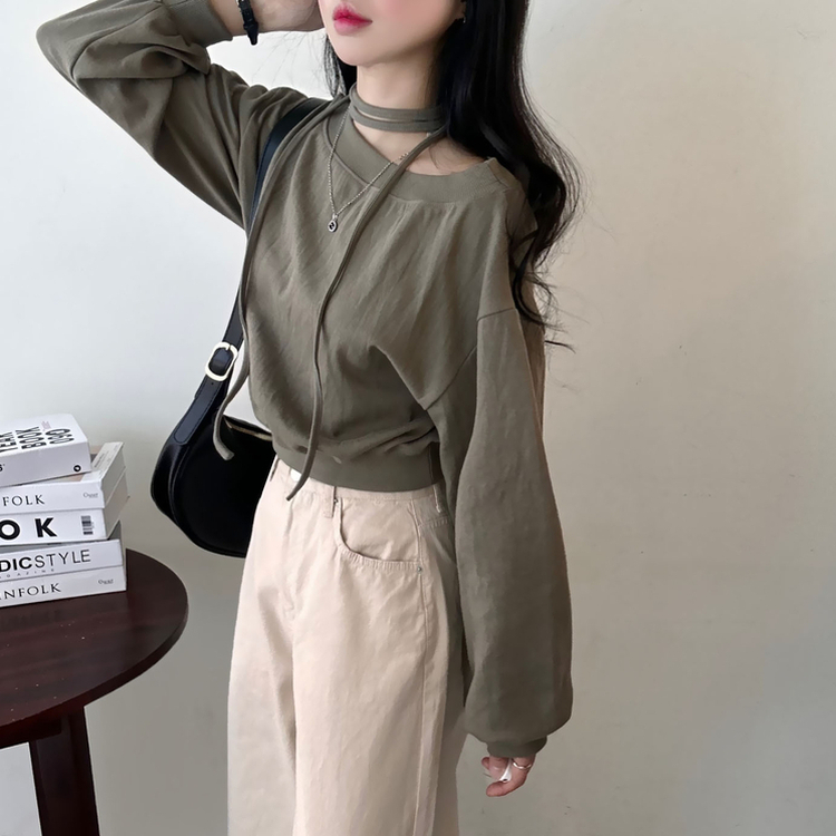 【マフラー付き】オフショルダーベーシックトレーナー KHAKI