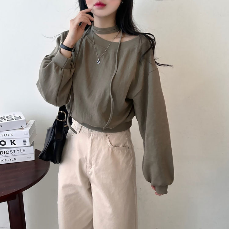 【マフラー付き】オフショルダーベーシックトレーナー KHAKI