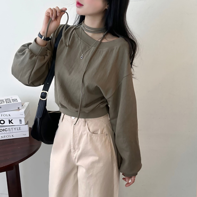 【マフラー付き】オフショルダーベーシックトレーナー KHAKI