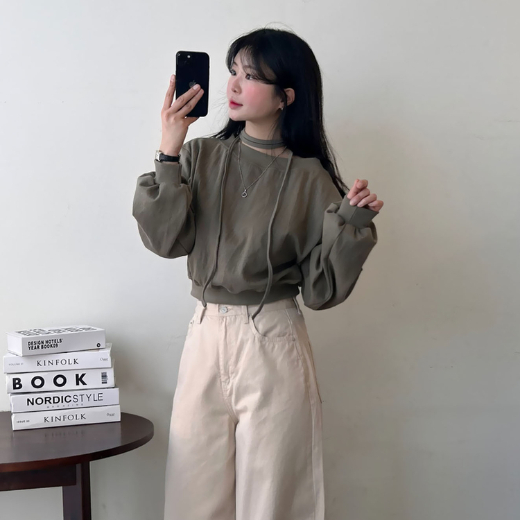 【マフラー付き】オフショルダーベーシックトレーナー KHAKI