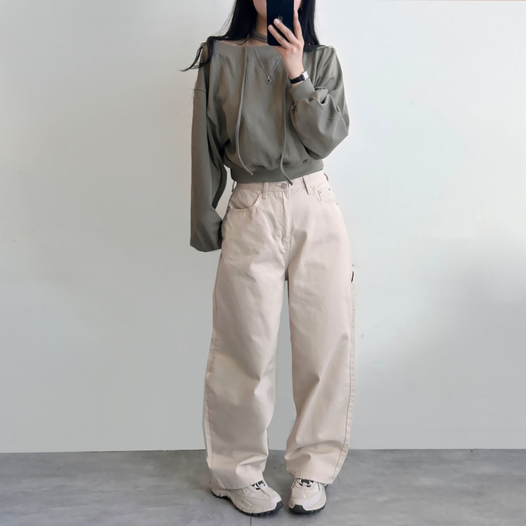【マフラー付き】オフショルダーベーシックトレーナー KHAKI