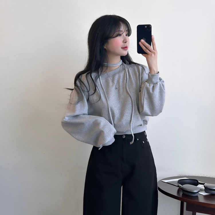 【マフラー付き】オフショルダーベーシックトレーナー GRAY