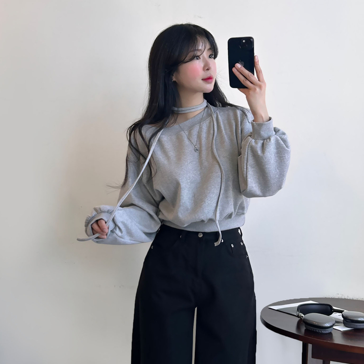 【マフラー付き】オフショルダーベーシックトレーナー GRAY