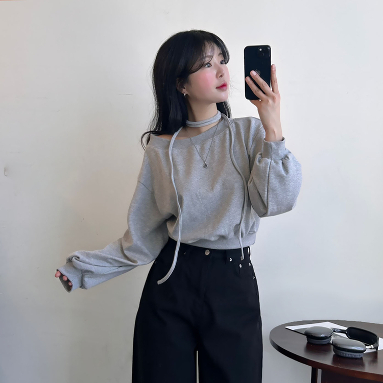 【マフラー付き】オフショルダーベーシックトレーナー GRAY