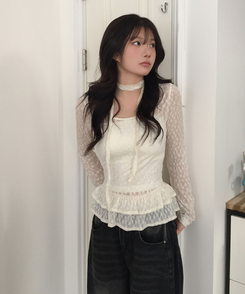 【マフラー付き】フリルレースブラウス LIGHT BEIGE