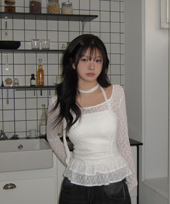 【マフラー付き】フリルレースブラウス LIGHT BEIGE