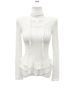 【マフラー付き】フリルレースブラウス