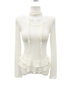 【マフラー付き】フリルレースブラウス