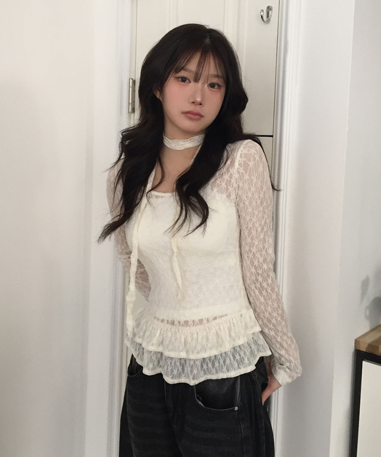 【マフラー付き】フリルレースブラウス LIGHT BEIGE