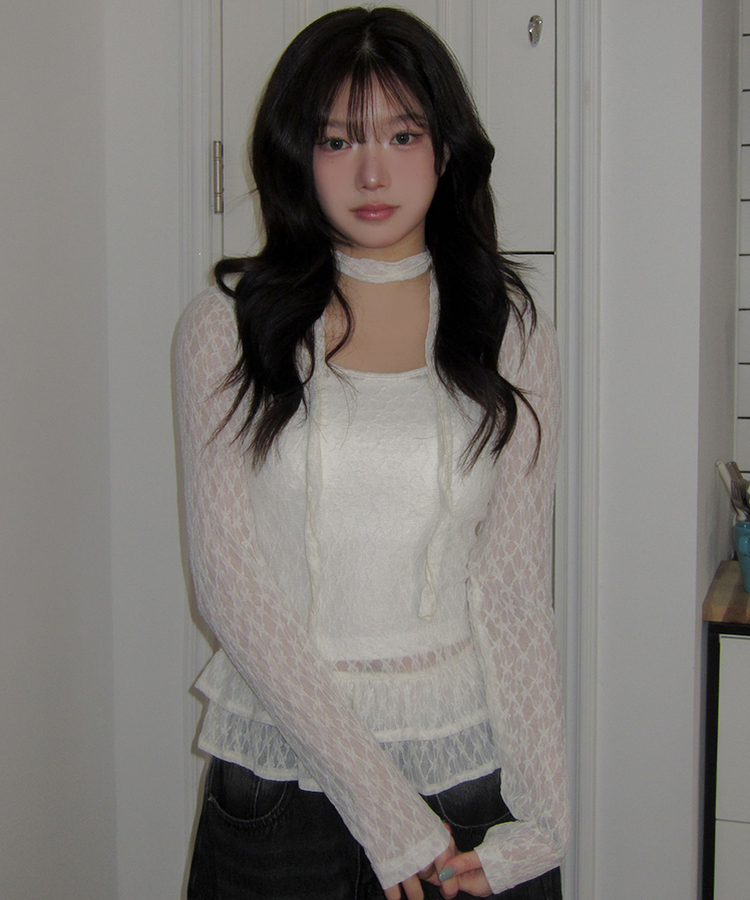 【マフラー付き】フリルレースブラウス LIGHT BEIGE