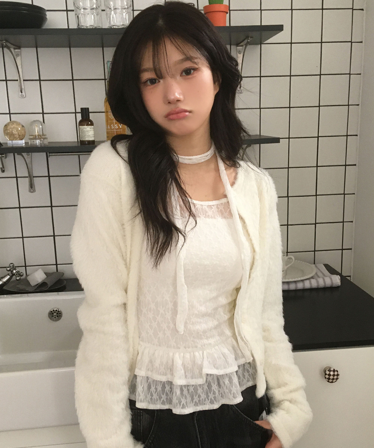 【マフラー付き】フリルレースブラウス LIGHT BEIGE