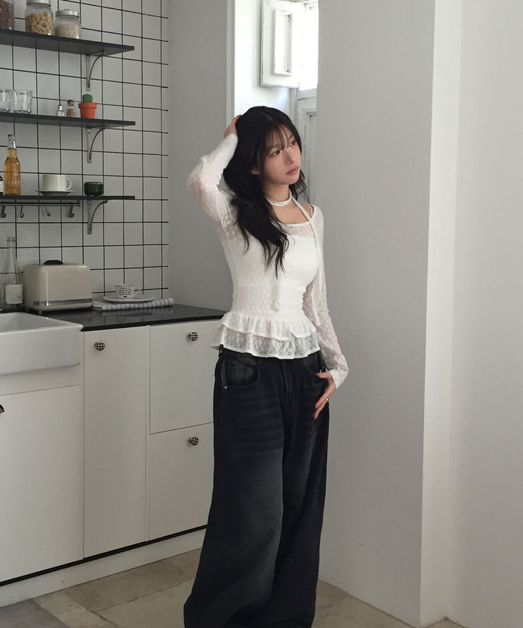 【マフラー付き】フリルレースブラウス LIGHT BEIGE