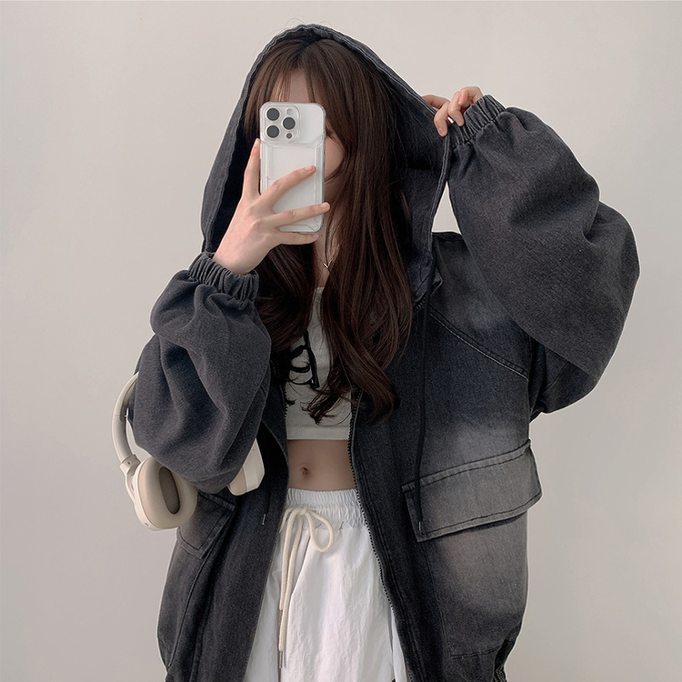 ビッグポケットデニムフードジャケット BLACK DENIM