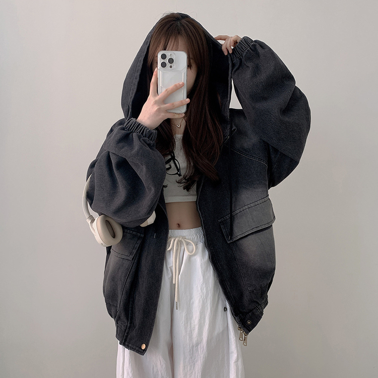 ビッグポケットデニムフードジャケット BLACK DENIM