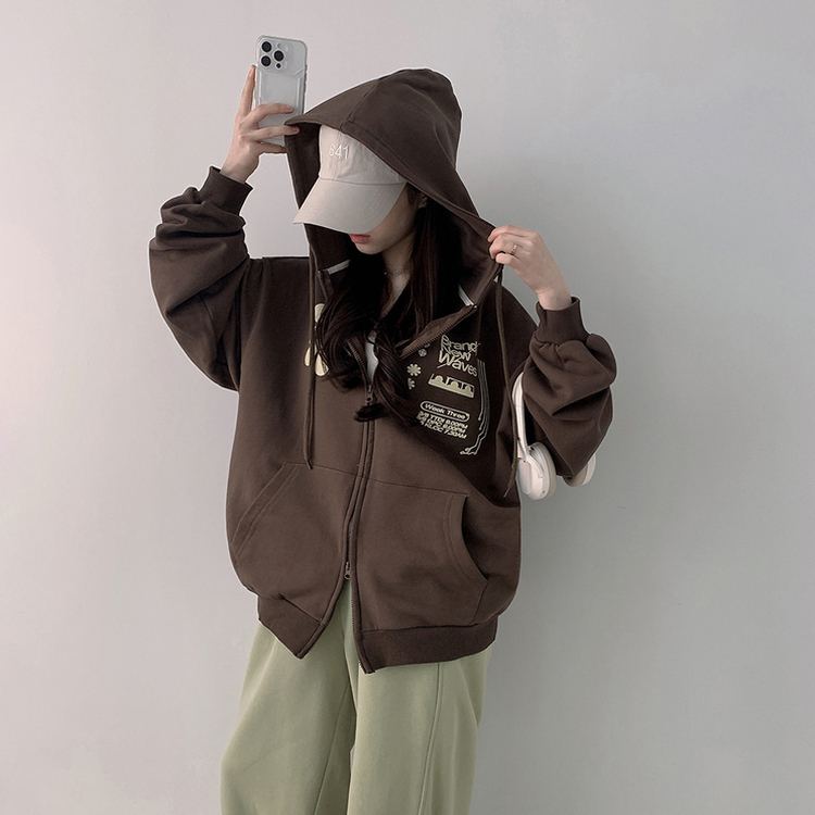 プリンティングフードジップアップ BROWN