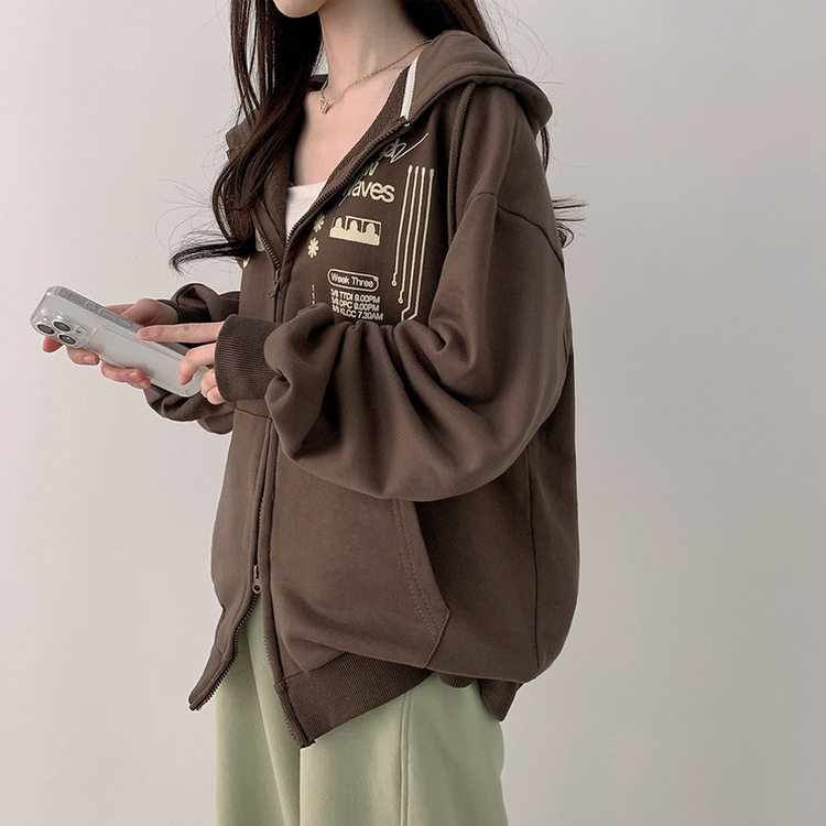 プリンティングフードジップアップ BROWN