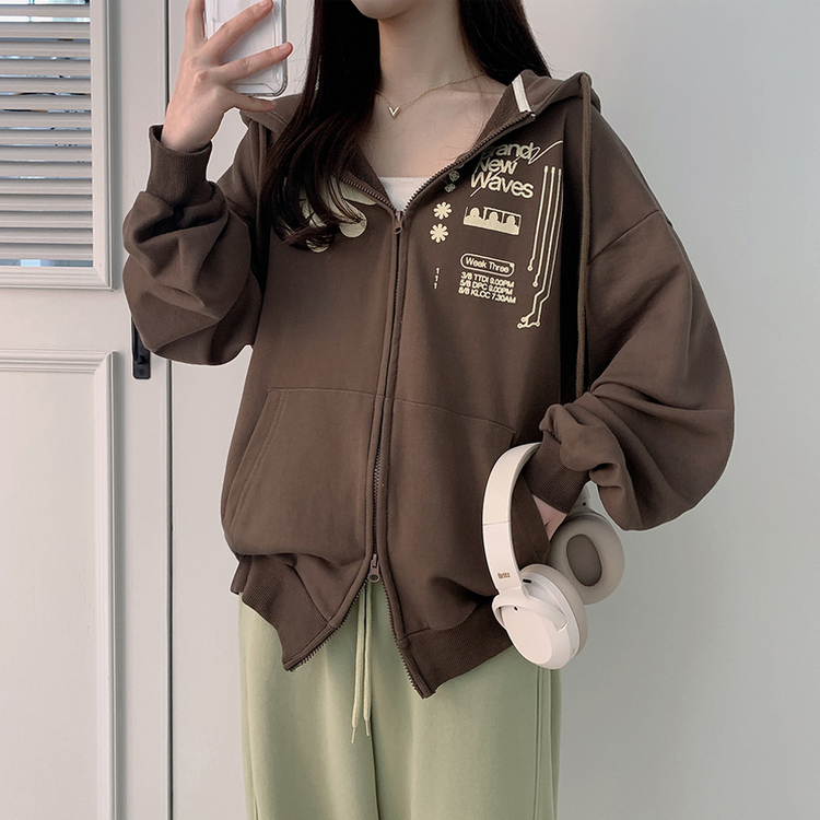 プリンティングフードジップアップ BROWN