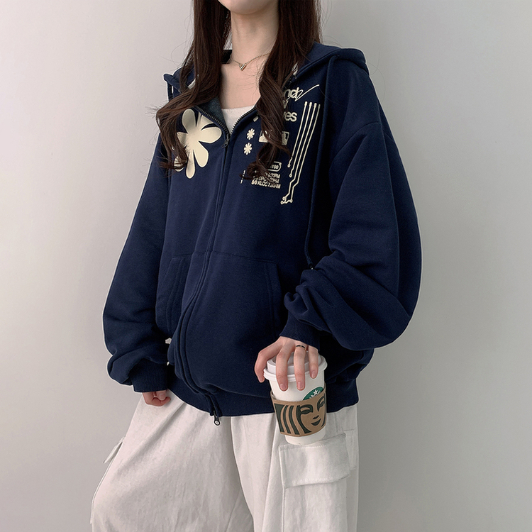 プリンティングフードジップアップ NAVY