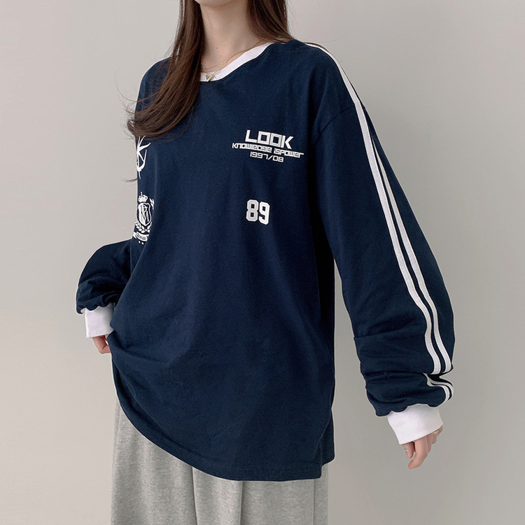 トラックラインプリンティング長袖Tシャツ NAVY