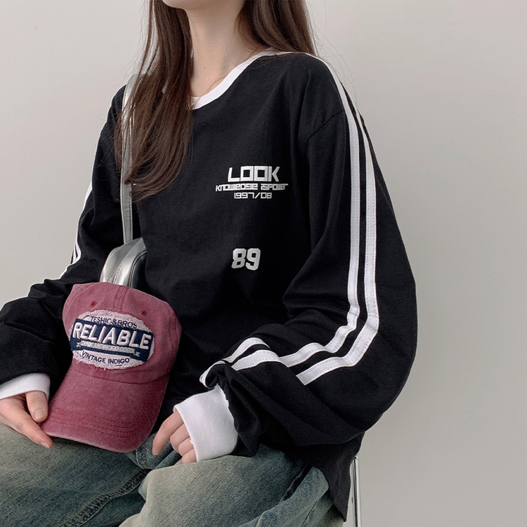 トラックラインプリンティング長袖Tシャツ BLACK
