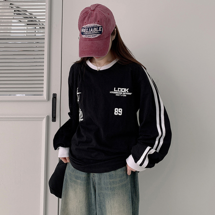 トラックラインプリンティング長袖Tシャツ BLACK