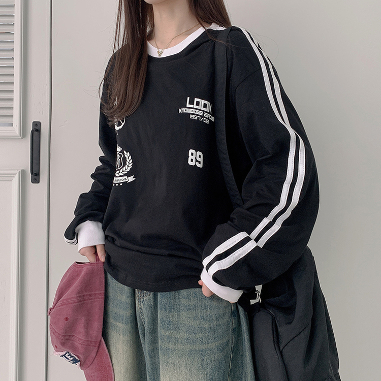 トラックラインプリンティング長袖Tシャツ BLACK
